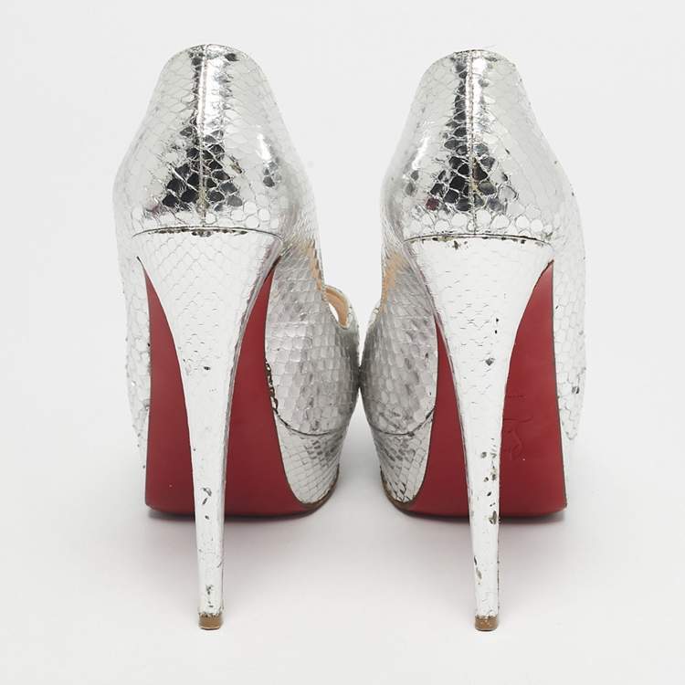 Pre Owned Christian Louboutin Silver Python Embossed Leather Lady Peep Peep Toe Pumps Size 38.5