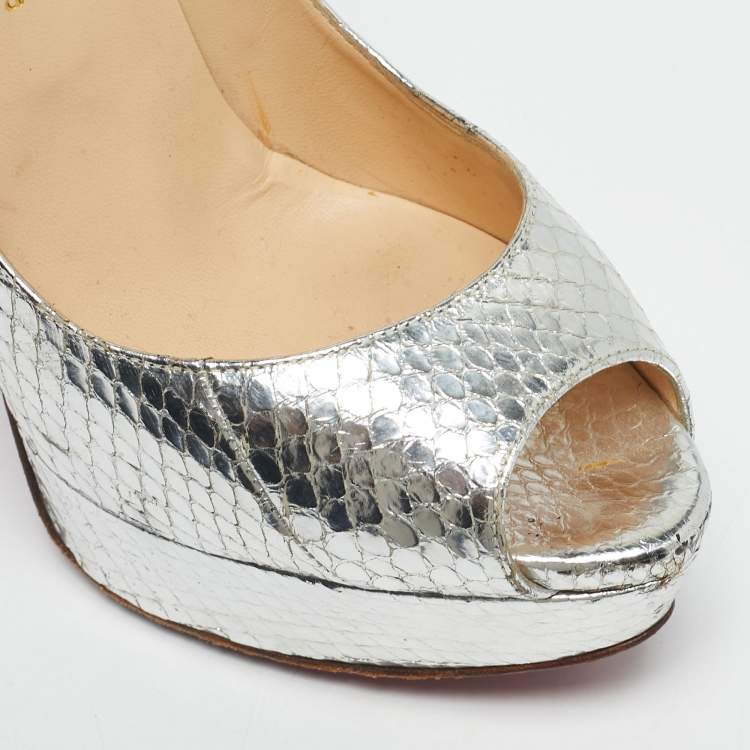 Pre Owned Christian Louboutin Silver Python Embossed Leather Lady Peep Peep Toe Pumps Size 38.5