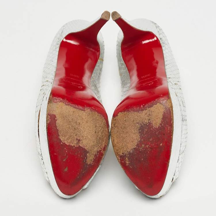 Pre Owned Christian Louboutin Silver Python Embossed Leather Lady Peep Peep Toe Pumps Size 38.5