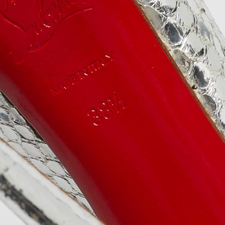 Pre Owned Christian Louboutin Silver Python Embossed Leather Lady Peep Peep Toe Pumps Size 38.5
