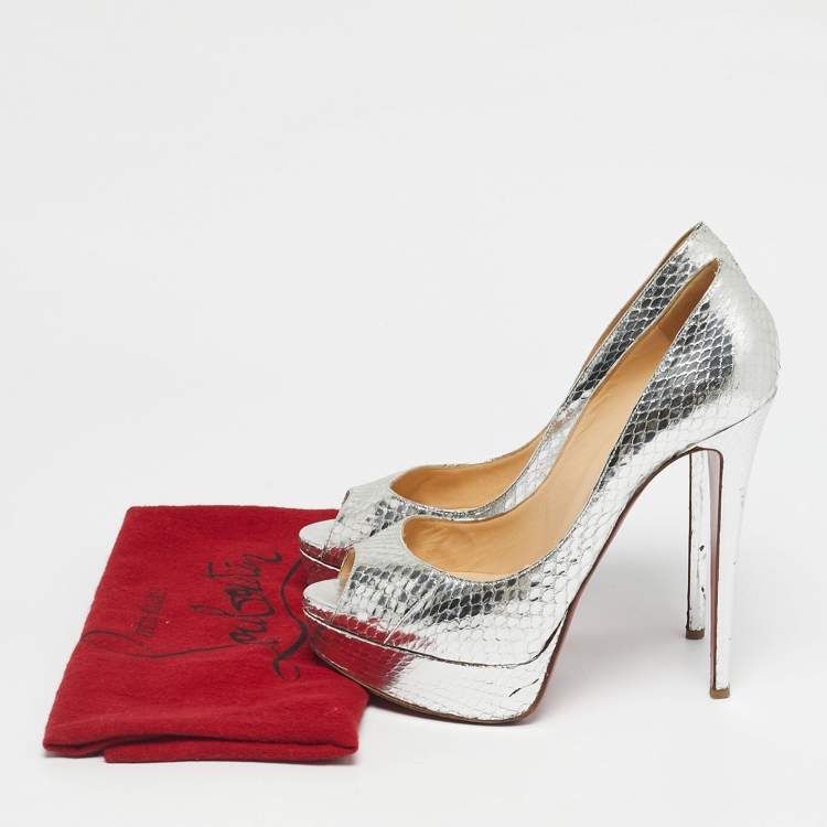Pre Owned Christian Louboutin Silver Python Embossed Leather Lady Peep Peep Toe Pumps Size 38.5