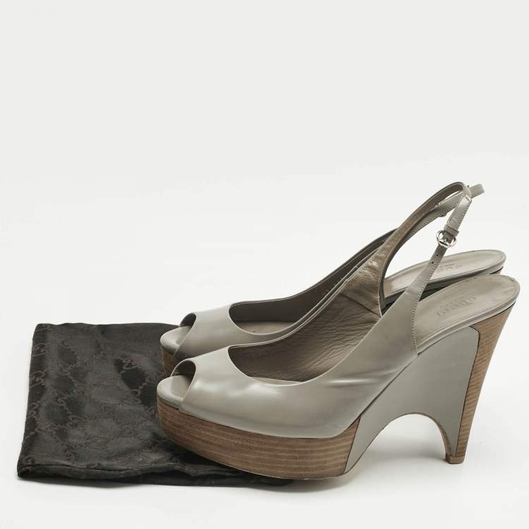 Pre Owned Christian Louboutin Grey Leather Slingback Wedge Pumps Size 40.5