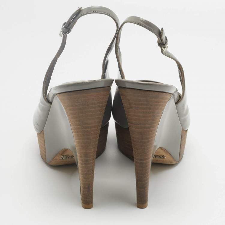 Pre Owned Christian Louboutin Grey Leather Slingback Wedge Pumps Size 40.5