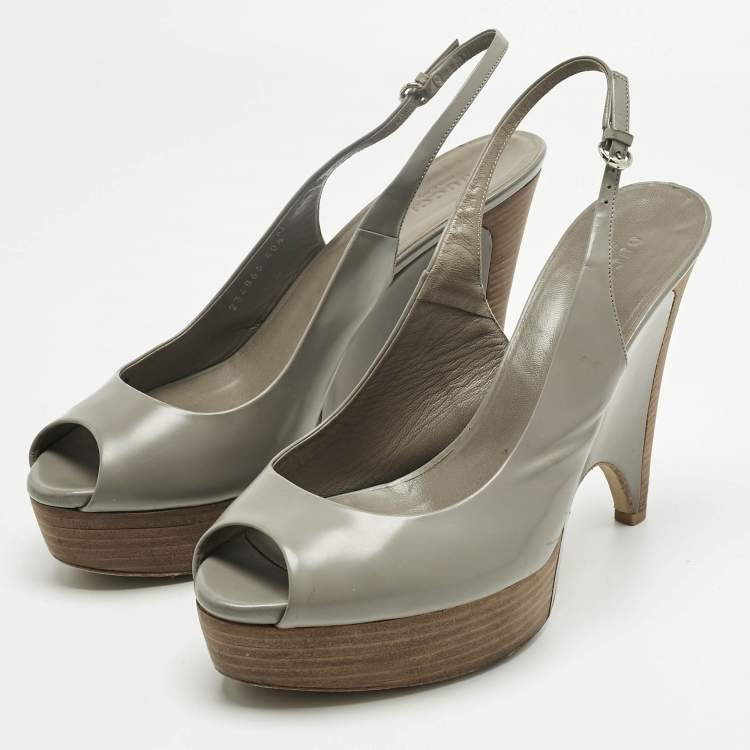 Pre Owned Christian Louboutin Grey Leather Slingback Wedge Pumps Size 40.5