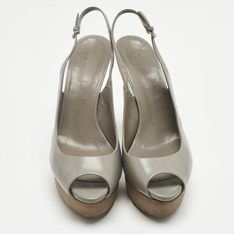 Pre Owned Christian Louboutin Grey Leather Slingback Wedge Pumps Size 40.5