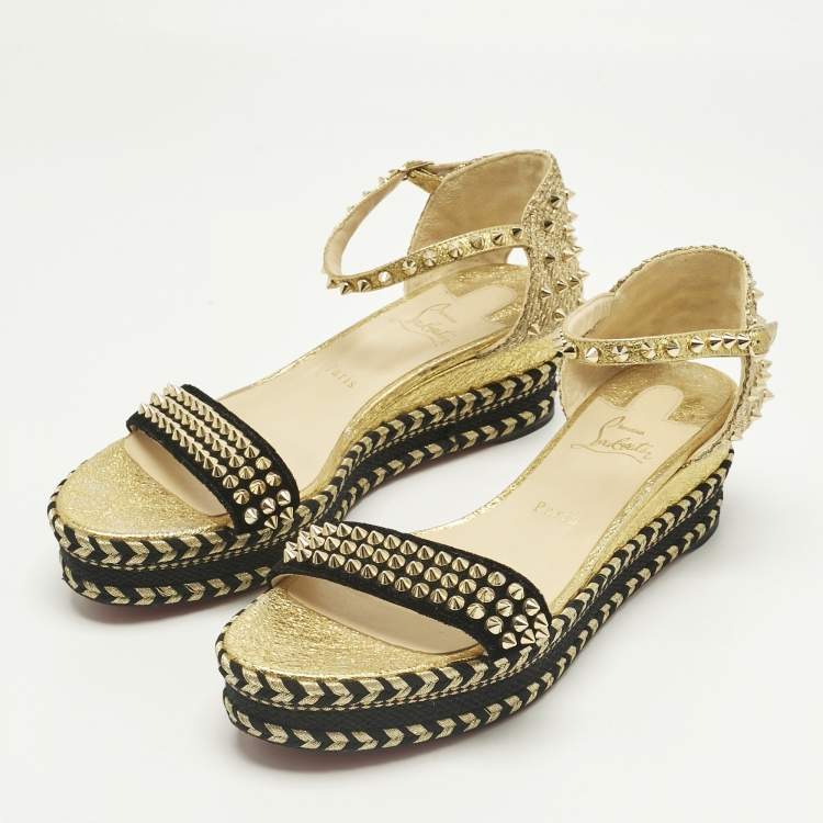 Pre Owned Christian Louboutin Gold Velvet and Straw Jute Spiked Espadrille Wedge Sandals Size 42
