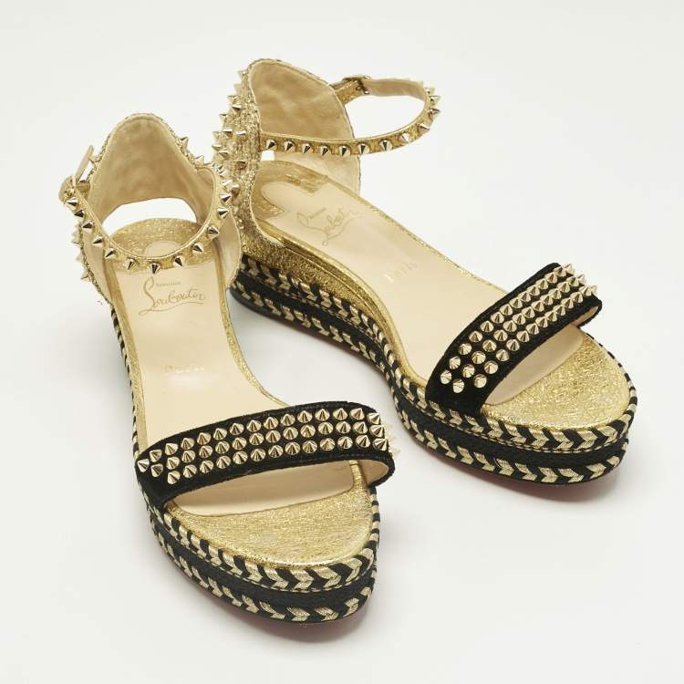 Pre Owned Christian Louboutin Gold Velvet and Straw Jute Spiked Espadrille Wedge Sandals Size 42