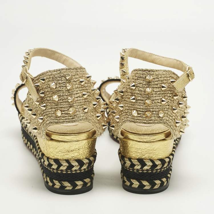 Pre Owned Christian Louboutin Gold Velvet and Straw Jute Spiked Espadrille Wedge Sandals Size 42