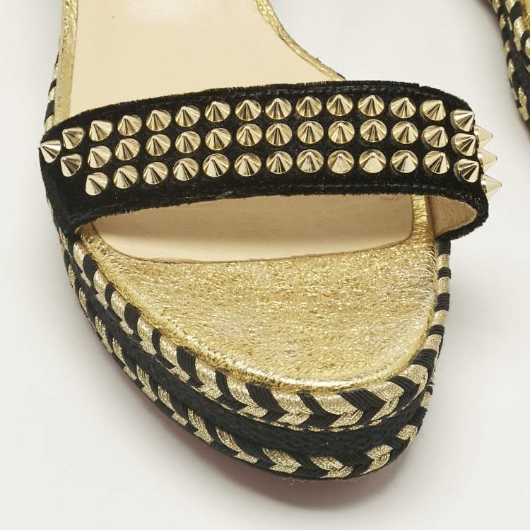 Pre Owned Christian Louboutin Gold Velvet and Straw Jute Spiked Espadrille Wedge Sandals Size 42