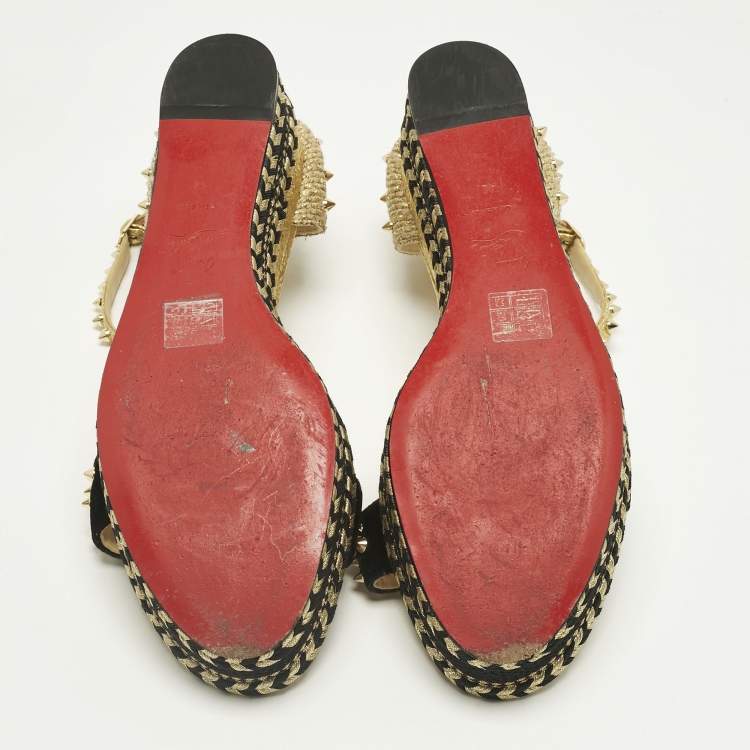 Pre Owned Christian Louboutin Gold Velvet and Straw Jute Spiked Espadrille Wedge Sandals Size 42