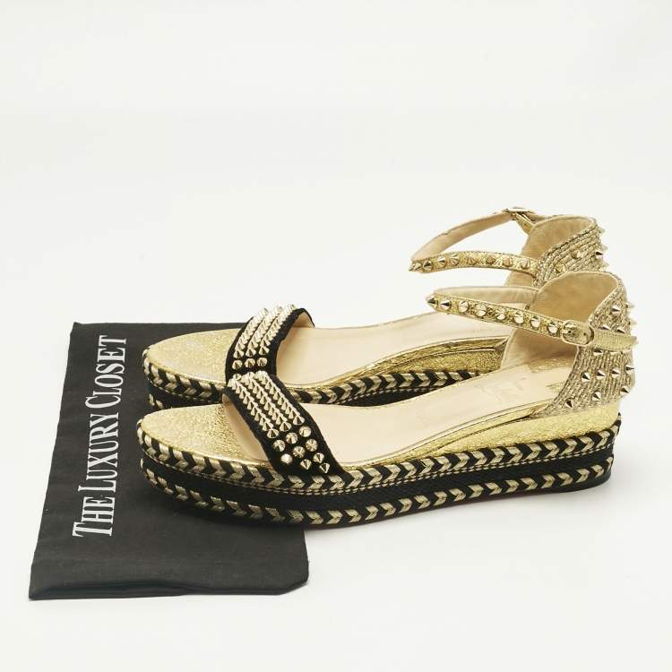 Pre Owned Christian Louboutin Gold Velvet and Straw Jute Spiked Espadrille Wedge Sandals Size 42