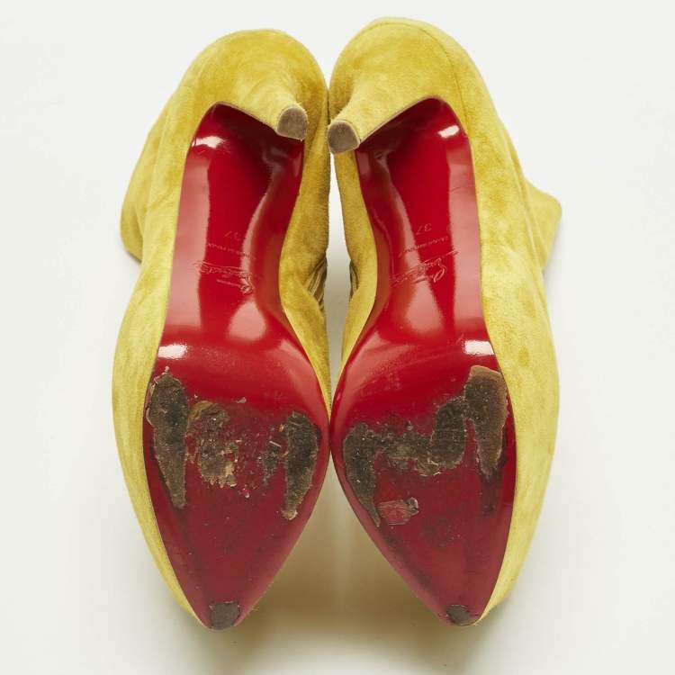 Pre Owned Christian Louboutin Yellow Suede Lady Daf Platform Ankle Boots Size 37