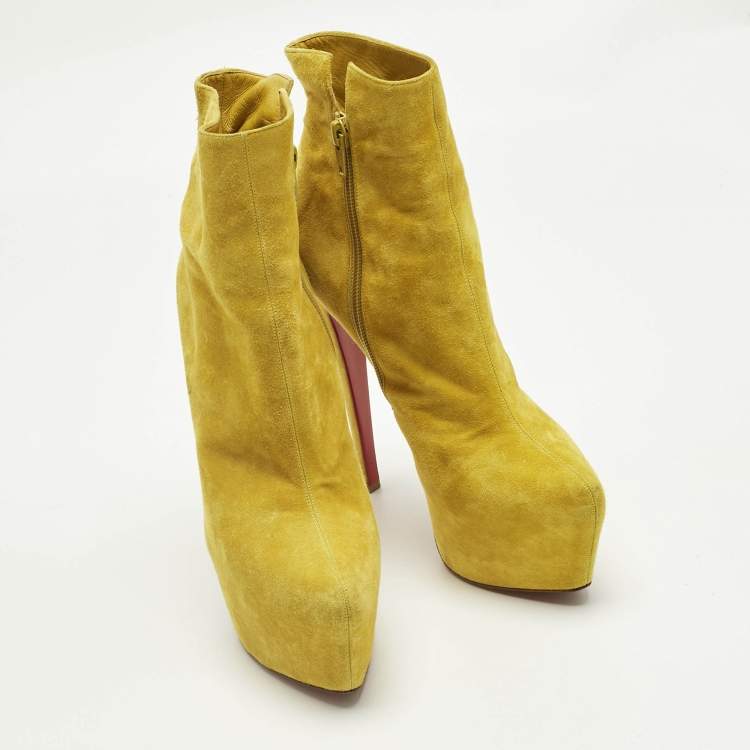 Pre Owned Christian Louboutin Yellow Suede Lady Daf Platform Ankle Boots Size 37