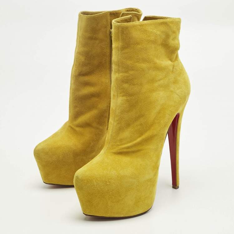 Pre Owned Christian Louboutin Yellow Suede Lady Daf Platform Ankle Boots Size 37