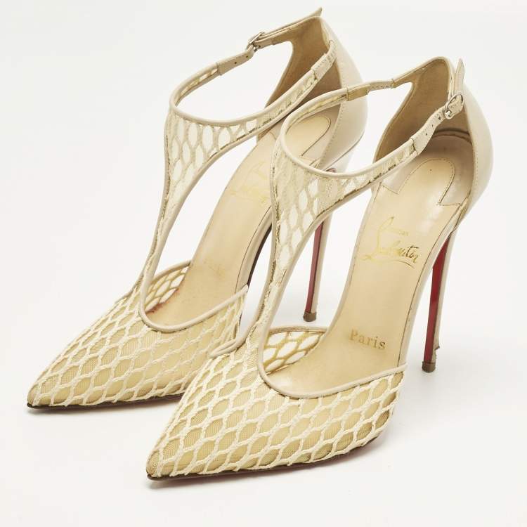 Pre Owned Christian Louboutin Beige Lace Salonu Pointed Toe T Strap Sandals Size 38.5