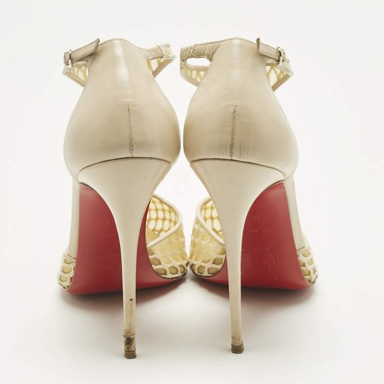 Pre Owned Christian Louboutin Beige Lace Salonu Pointed Toe T Strap Sandals Size 38.5