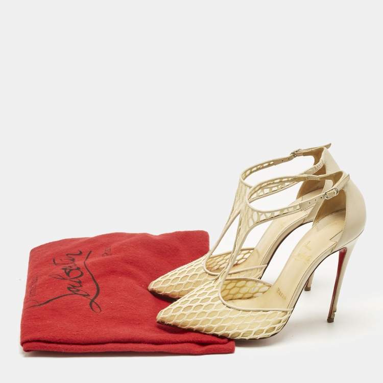 Pre Owned Christian Louboutin Beige Lace Salonu Pointed Toe T Strap Sandals Size 38.5