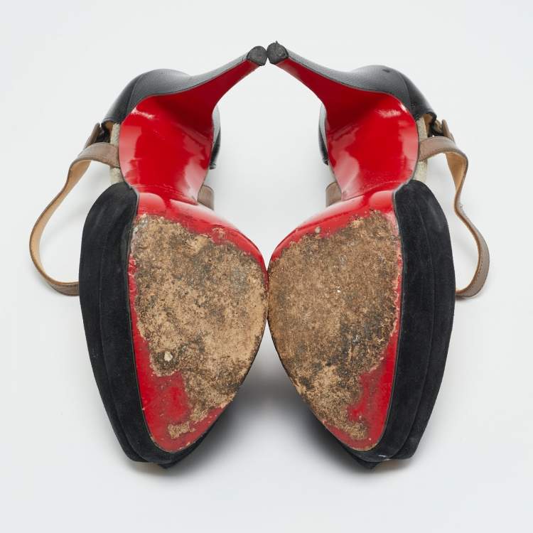 Pre Owned Christian Louboutin Black/Grey Leather Peep Toe Platform Pumps Size 41