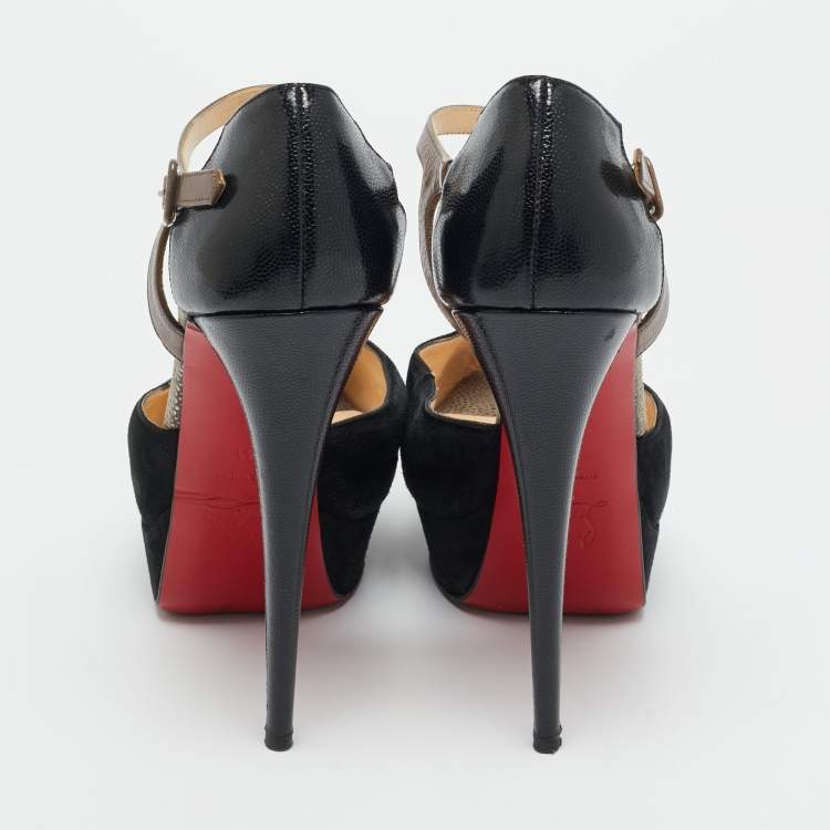 Pre Owned Christian Louboutin Black/Grey Leather Peep Toe Platform Pumps Size 41