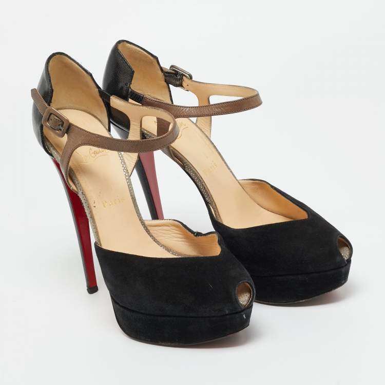 Pre Owned Christian Louboutin Black/Grey Leather Peep Toe Platform Pumps Size 41