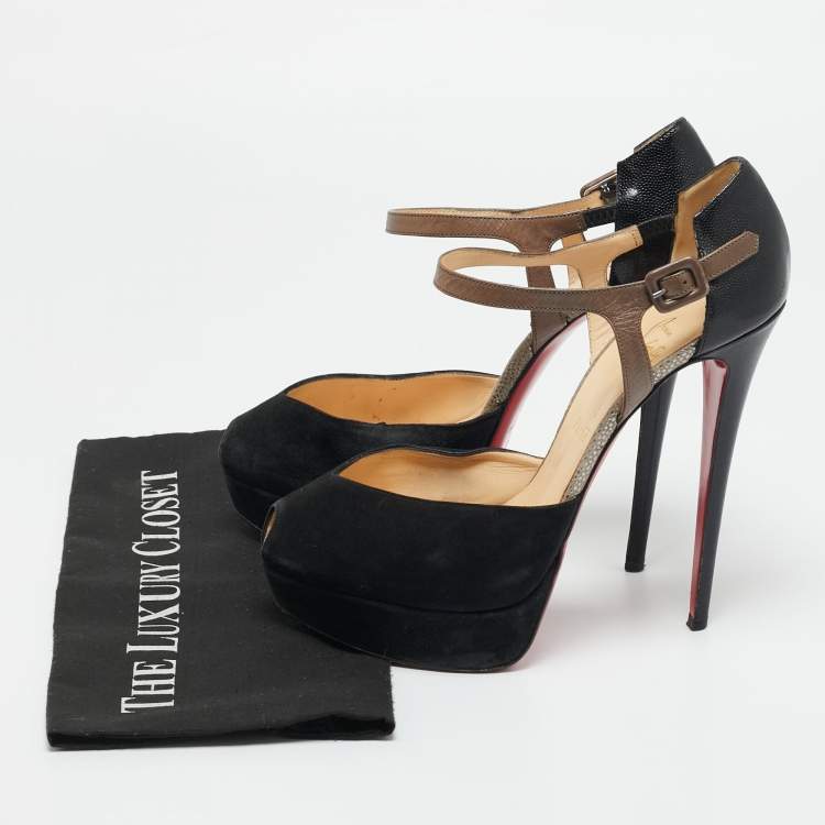 Pre Owned Christian Louboutin Black/Grey Leather Peep Toe Platform Pumps Size 41