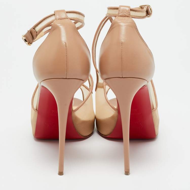 Pre Owned Christian Louboutin Beige Leather and Mesh Mariacar Peep Toe Pumps Size 38.5