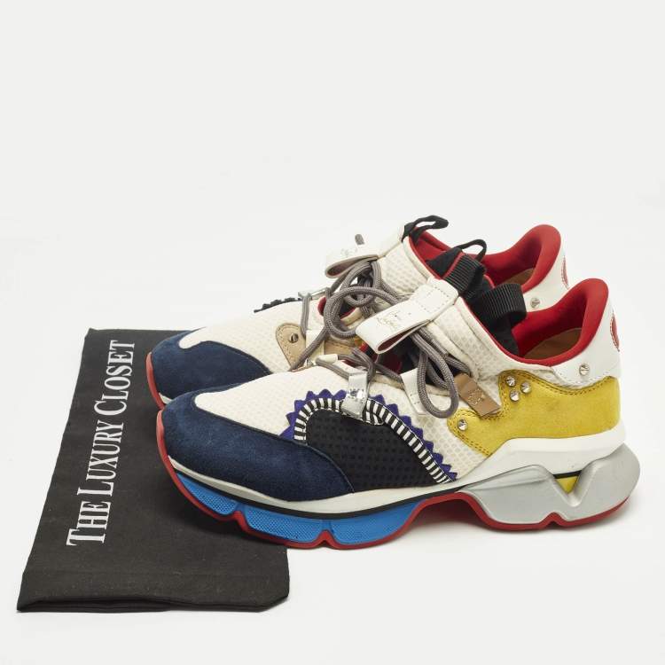 مملوكة مسبقًا Christian Louboutin Multicolor Leather and Mesh Red Runner Lace Up Sneakers Size 41