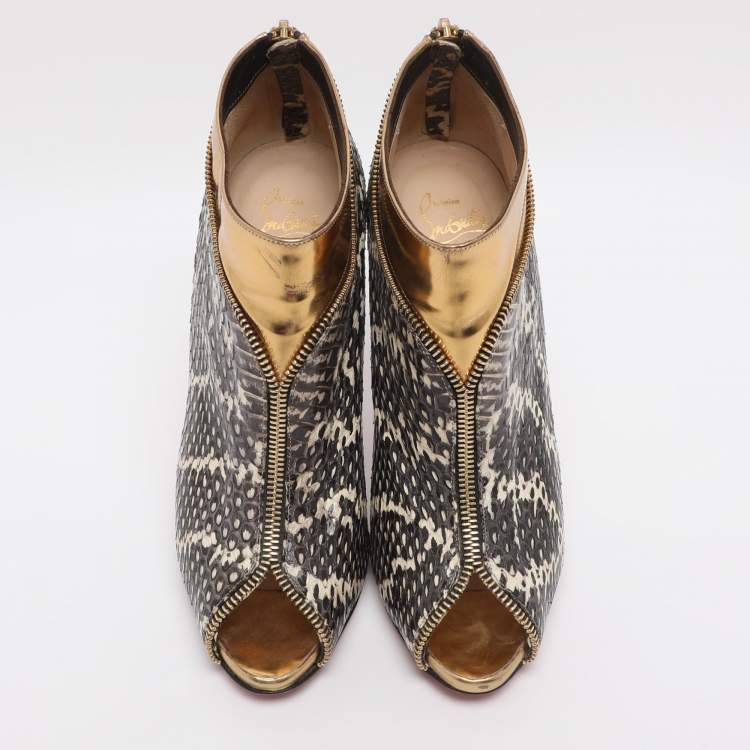 Pre Owned Christian Louboutin Grey/Gold Foil Leather and Python Leather Col Zippe Booties Size 40