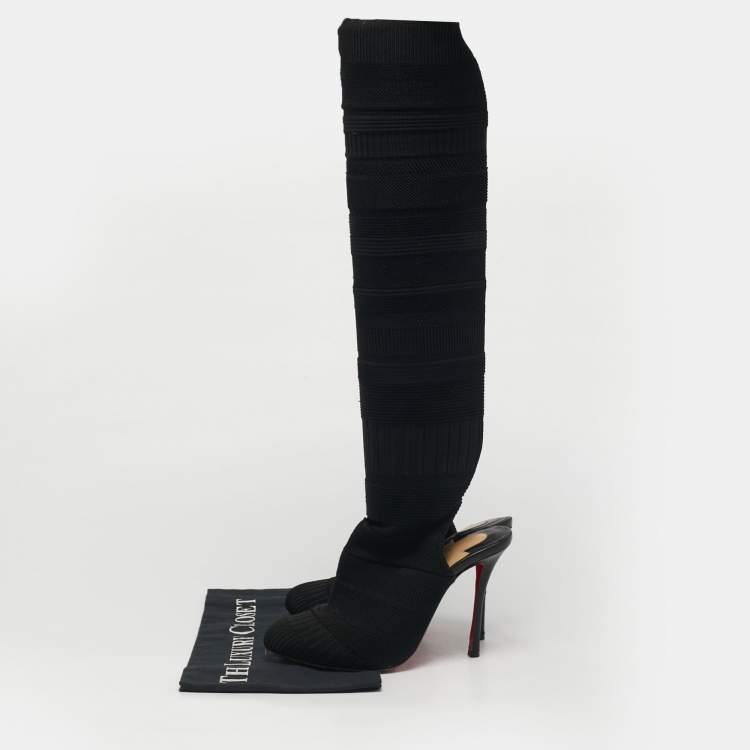 Pre Owned Christian Louboutin Black Knit Fabric Socks Knee Length Boots Size 37