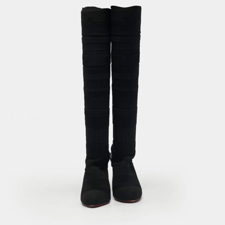 Pre Owned Christian Louboutin Black Knit Fabric Socks Knee Length Boots Size 37