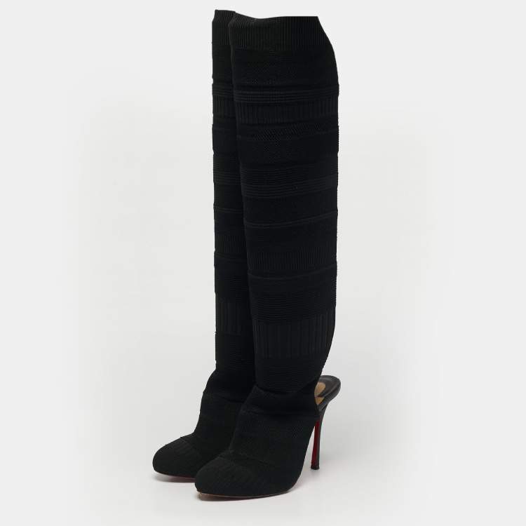 Pre Owned Christian Louboutin Black Knit Fabric Socks Knee Length Boots Size 37