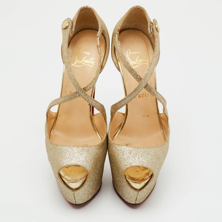 Pre Owned Christian Louboutin Metallic Gold Glitter Exagona Platform Sandals Size 36.5