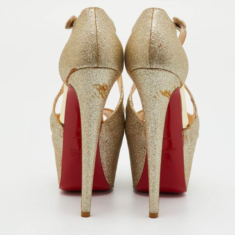 Pre Owned Christian Louboutin Metallic Gold Glitter Exagona Platform Sandals Size 36.5