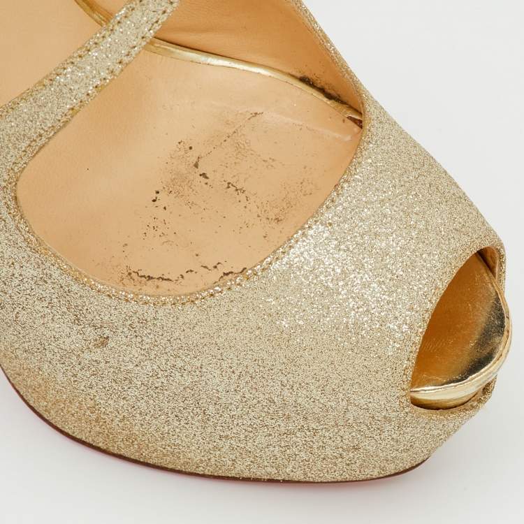 Pre Owned Christian Louboutin Metallic Gold Glitter Exagona Platform Sandals Size 36.5