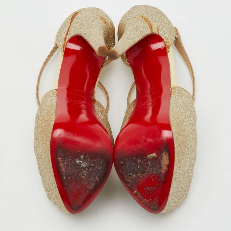 Pre Owned Christian Louboutin Metallic Gold Glitter Exagona Platform Sandals Size 36.5