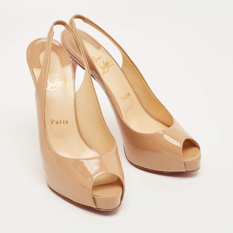 Pre Owned Christian Louboutin Beige Patent Leather New Prive Slingback Sandals Size 38.5