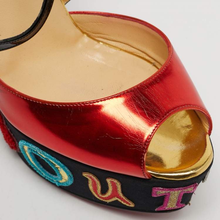 مملوكة مسبقًا Christian Louboutin Multicolor Patent Leather Loubi Zeppa Wedge Sandals Size 39