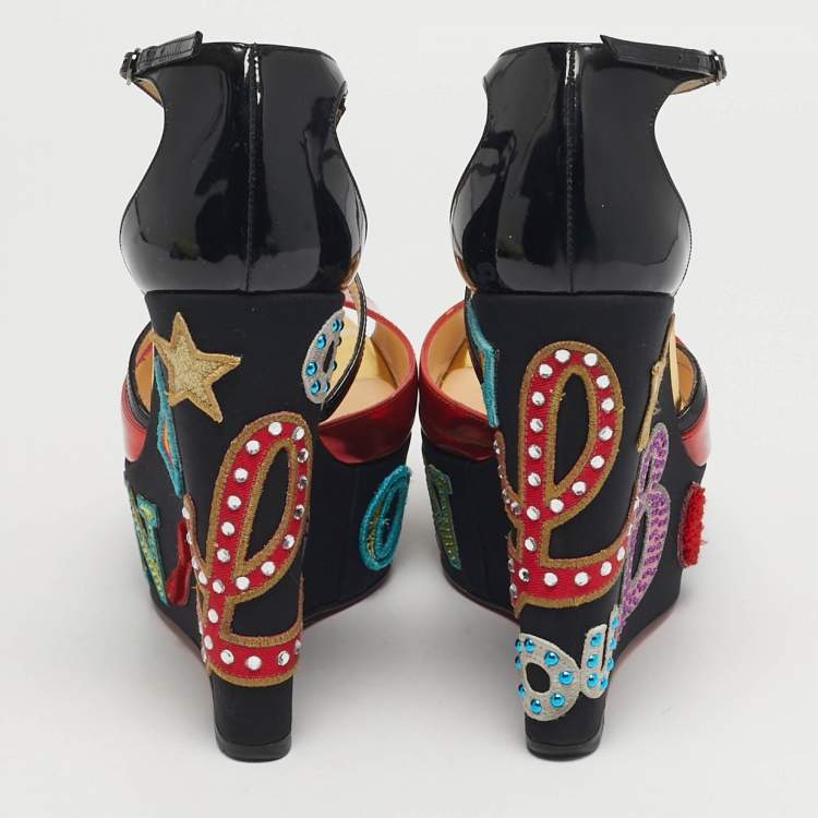 مملوكة مسبقًا Christian Louboutin Multicolor Patent Leather Loubi Zeppa Wedge Sandals Size 39
