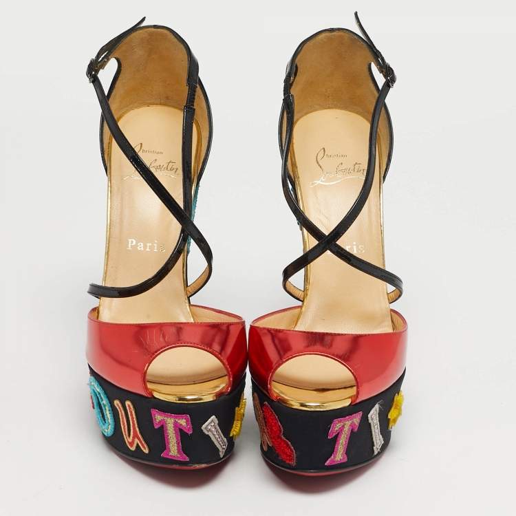 مملوكة مسبقًا Christian Louboutin Multicolor Patent Leather Loubi Zeppa Wedge Sandals Size 39