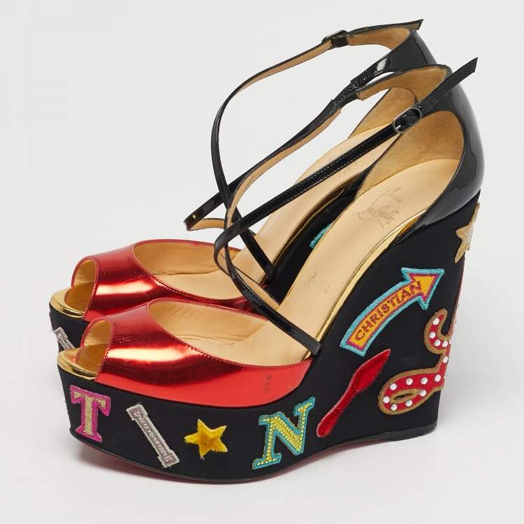 مملوكة مسبقًا Christian Louboutin Multicolor Patent Leather Loubi Zeppa Wedge Sandals Size 39