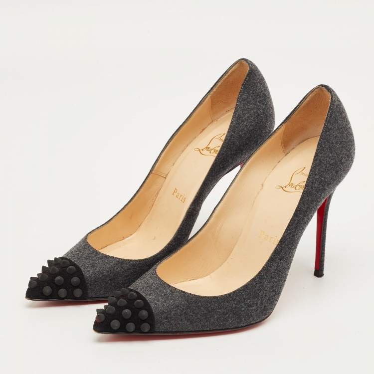Pre Owned Christian Louboutin Grey/Black Wool Geo Spiked Pumps Size 37