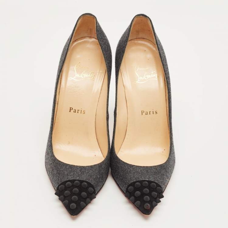 Pre Owned Christian Louboutin Grey/Black Wool Geo Spiked Pumps Size 37