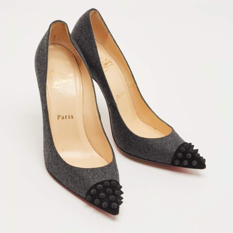 Pre Owned Christian Louboutin Grey/Black Wool Geo Spiked Pumps Size 37