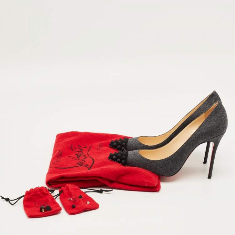 Pre Owned Christian Louboutin Grey/Black Wool Geo Spiked Pumps Size 37