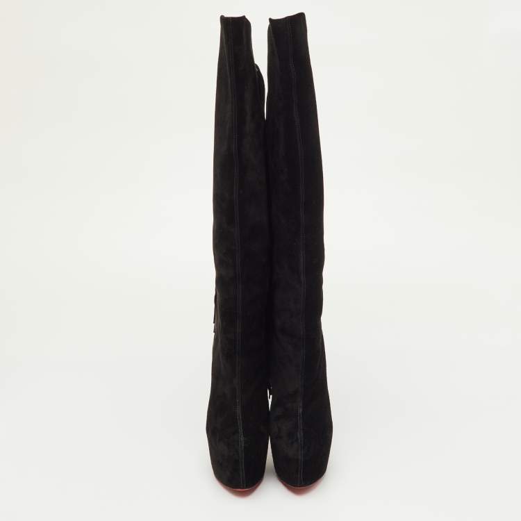 Pre Owned Christian Louboutin Interlopa Fringe Size 37 Black Suede Platform Knee Length Boots
