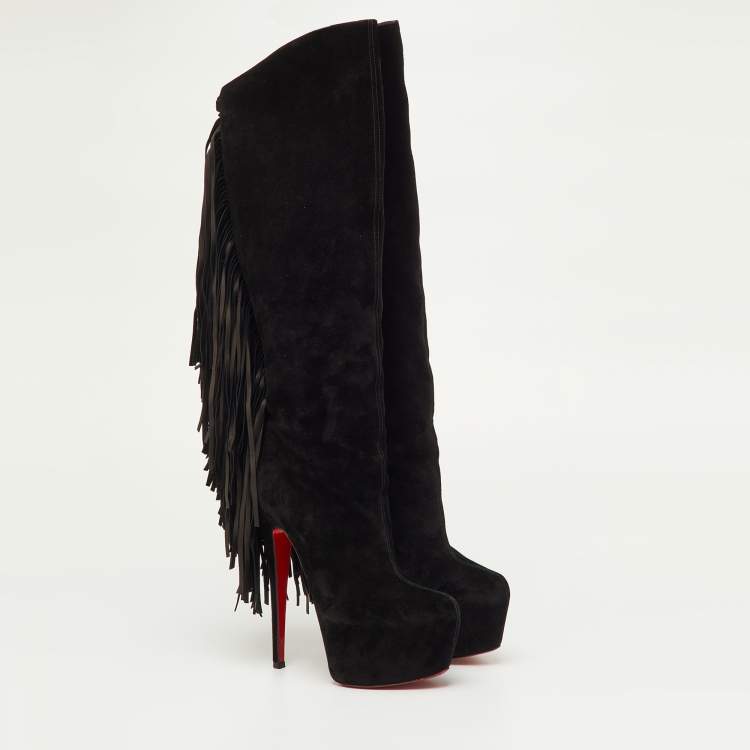 Pre Owned Christian Louboutin Interlopa Fringe Size 37 Black Suede Platform Knee Length Boots