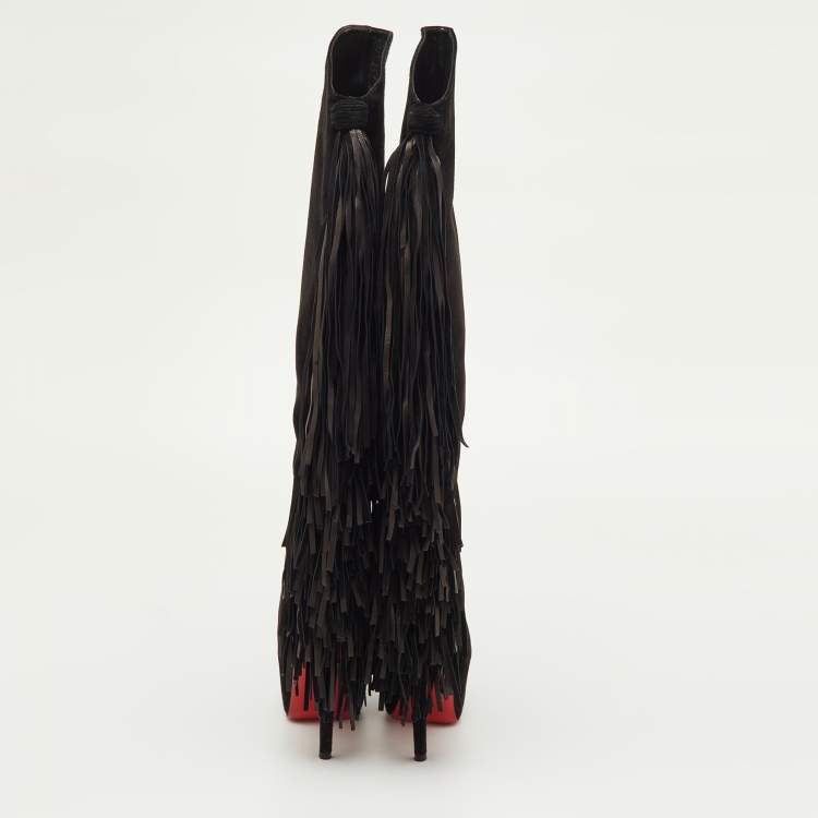 Pre Owned Christian Louboutin Interlopa Fringe Size 37 Black Suede Platform Knee Length Boots
