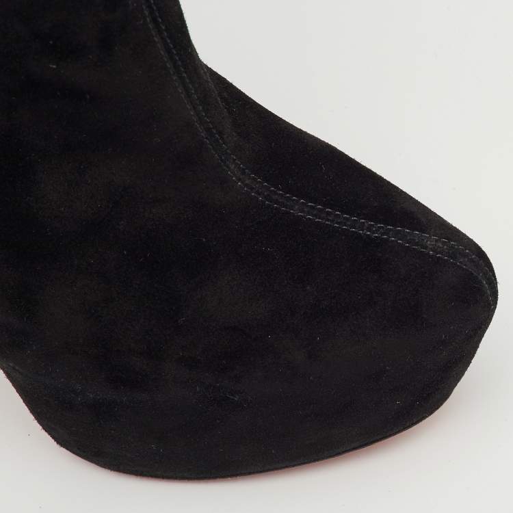 Pre Owned Christian Louboutin Interlopa Fringe Size 37 Black Suede Platform Knee Length Boots