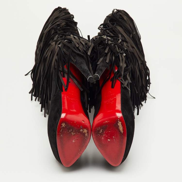Pre Owned Christian Louboutin Interlopa Fringe Size 37 Black Suede Platform Knee Length Boots