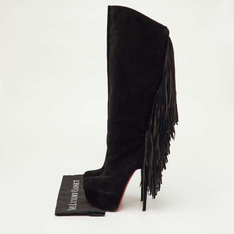 Pre Owned Christian Louboutin Interlopa Fringe Size 37 Black Suede Platform Knee Length Boots